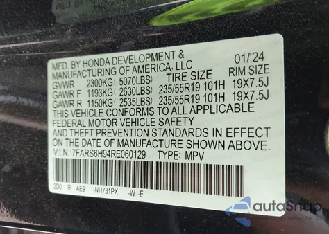 2024 Honda Cr-V Hybrid Sport Touring from USA, damaged, VIN 7FARS6H94RE060129
